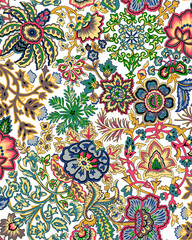 Seamless repeating pattern with paisley motifs placed at different angles, balanced by smaller floral elements and filler © Venkatsai