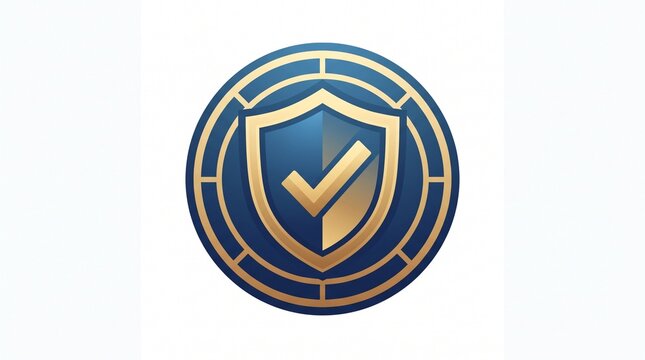 Secure crypto shield logo with check mark and bitcoin coin inside gold blue gradient. Flat vector illustration with blockchain protection concept. Perfect for crypto exchange, bitcoin wallet, blockcha