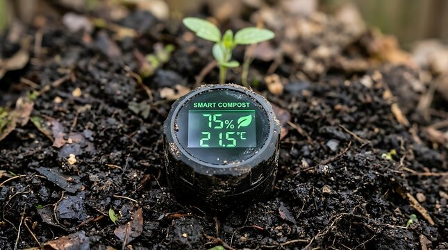 Digital soil moisture sensor probe in garden soil with young sprout