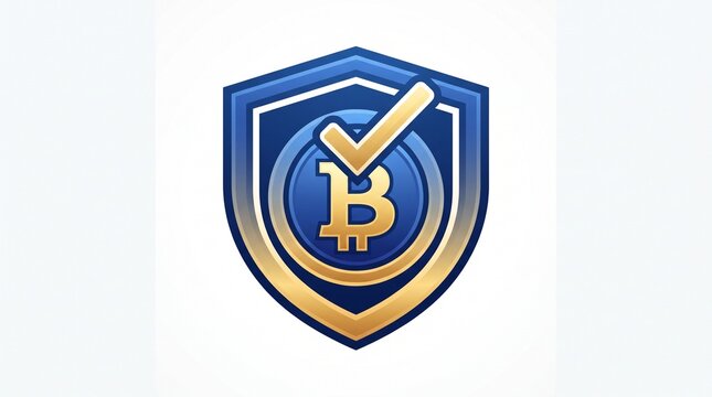 Secure crypto shield logo with check mark and bitcoin coin inside gold blue gradient. Flat vector illustration with blockchain protection concept. Perfect for crypto exchange, bitcoin wallet, blockcha