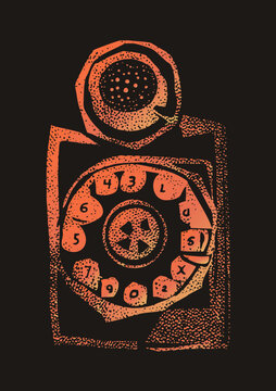 Grungy rotary dial telephone, a candlestick era ring dinger, in rough stippled linocut. Warm orange to gradient lends a bold vintage print aesthetic.