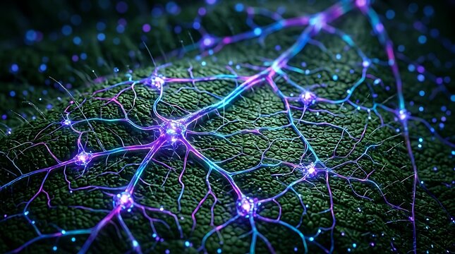 Digital neuron network connection glowing over a green natural leaf background