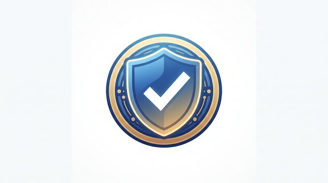 Secure crypto shield logo with check mark and bitcoin coin inside gold blue gradient. Flat vector illustration with blockchain protection concept. Perfect for crypto exchange, bitcoin wallet, blockcha