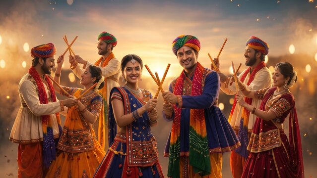 Dandiya Raas Group &ndash; Eight Indian Dancers Celebrating Navratri Together.