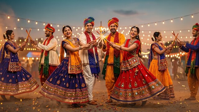 Dandiya Raas Group &ndash; Eight Indian Dancers Celebrating Navratri Together.