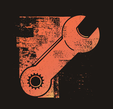 Distressed spanner with gear in rough halftone stencil style, classic monkey wrench silhouette. Bold orange flat with grunge speckle, evoking repair and industrial maintenance.