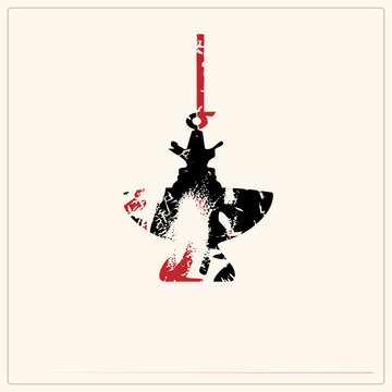 Ancient labrys battle as weathered stencil cutout, black blade with crimson accents. Bardiche hatchet shape with grunge texture, evoking tribal warfare and warrior heritage.