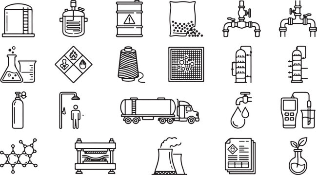Set of chemical industry and lab processing black vector icons isolated on white background