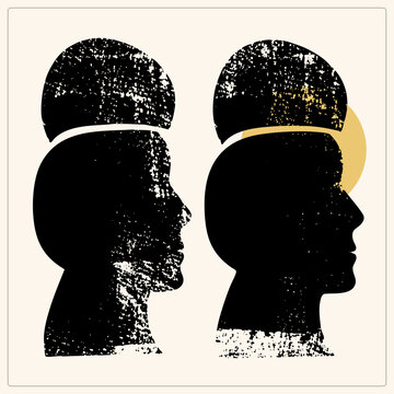 Two distressed profile silhouettes with open tops classic "egghead" figures revealing hollow skulls in textured grunge black with mustard accent. Concept of open mindedness and mental clarity.
