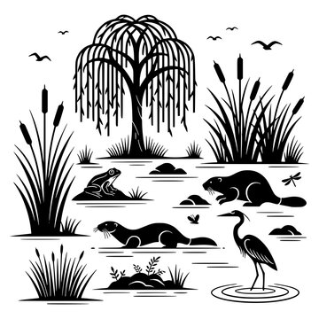  wetland ecosystem silhouettes with willow