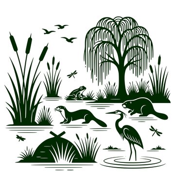 wetland silhouettes with lodge and flying birds (olive green)