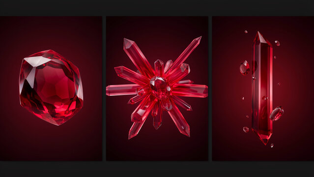 Three distinct panels featuring glowing red ruby gemstones and sharp crystalline formations