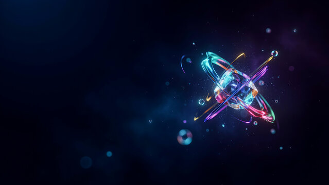 Abstract atom structure with colorful orbiting rings and glowing particles during cosmic exploration