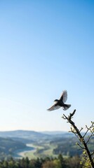 Fototapeta premium A bird takes flight from a tree branch against a clear blue sky and rolling hills landscape.