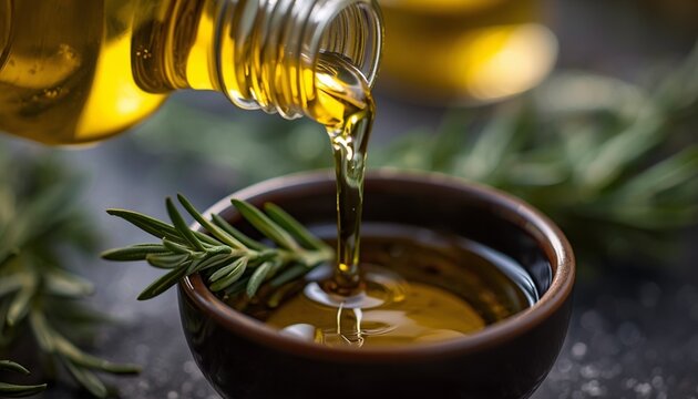 Golden Extra Virgin Olive Oil Pouring from Glass Bottle into Ceramic Bowl with Rosemary