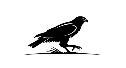 Fototapeta premium Black silhouette of a hawk perched on grass, isolated on transparent background