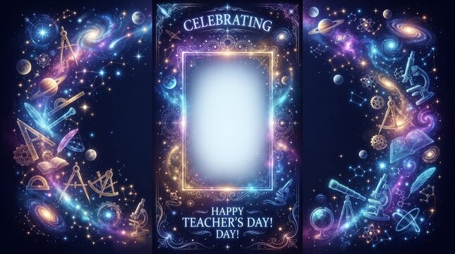 Happy Teachers Day greeting card template with cosmic space background