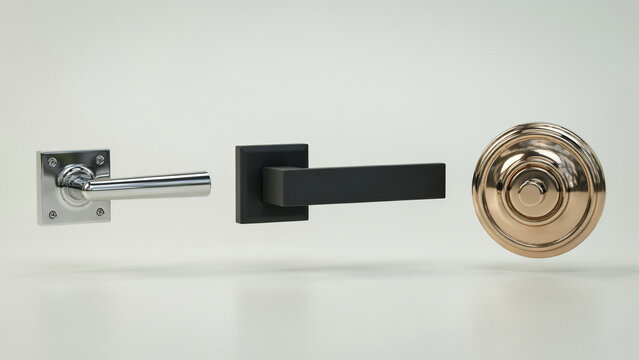 Three door handles in chrome, matte black, and brass finishes on a neutral background