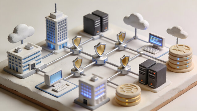 3D clay network grid protected by golden shields connecting buildings, clouds, databases, and servers. Cybersecurity, data protection, enterprise network defense concept.