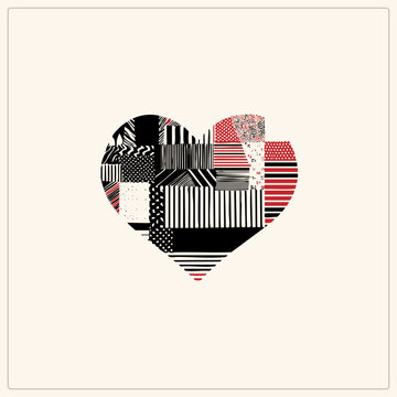 Patchwork heart of stripes, dots, and doodle textures blends folk art quilting with modern collage, mixing hand drawn into a bold quilt of love symbolism.