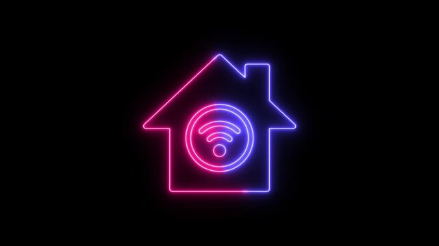 Glowing neon house icon with a wireless wifi signal symbol inside on a dark background