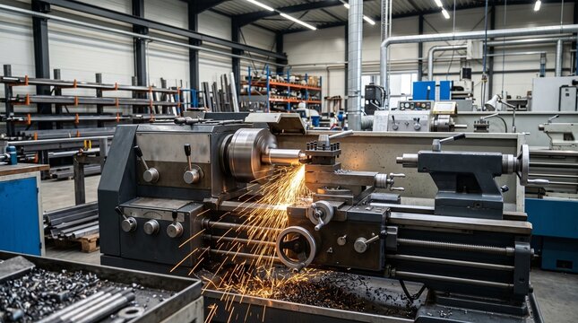 Metal lathe in industrial workshop with sparks.