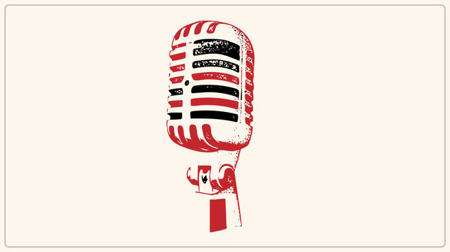 Retro vocal mic, the classic "shure style" or " mic," rendered in distressed red and black screenprint. Grunge texture and ribbed grille give this old school crooner mic a raw vintage poster fe