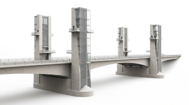 Concrete bridge with tall towers and elevated deck.