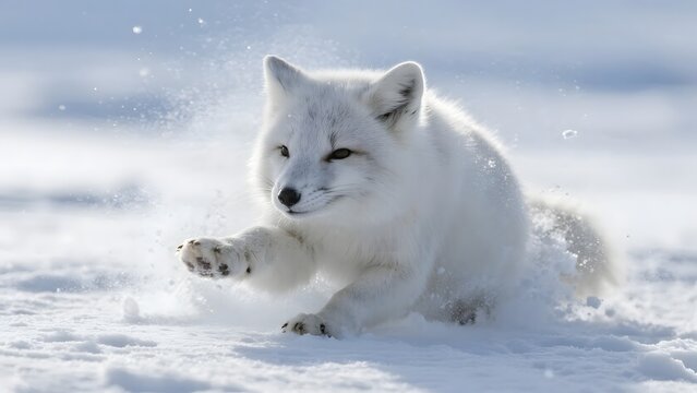 Arctic Fox Pouncing Into Fresh Snow: Extreme close-up of an Arctic fox diving nose-first into deep powder snow while hunting beneath the surface, front legs raised dramatically