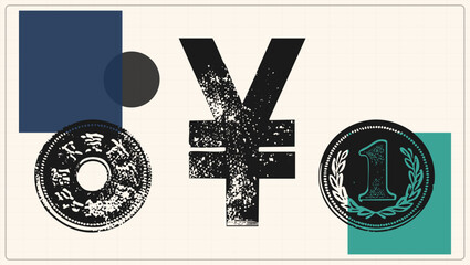 Weathered yen sign stamped in distressed texture flanked by an old mon coin and a one sen piece, the "en" currency rendered as grunge stencil shapes with navy and teal blocks for finance branding. © Rysak