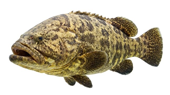 Giant grouper fish with brown spotted camouflage skin pattern isolated on pure white background