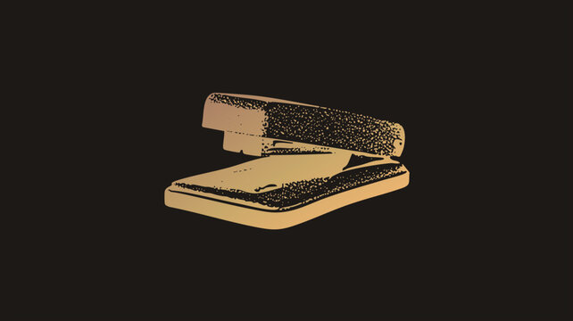 Retro office stapler rendered in distressed halftone style, a classic paper fastener and desk gadget shown open with anvil base. The grunge stencil look suits stationery and workspace themes.