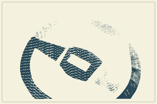 Distressed belt buckle drawn in rough halftone stencil style, a vintage cinch clasp with textured strap curving around it. This grungy keeper and fastener has a hand inked, weathered print look.