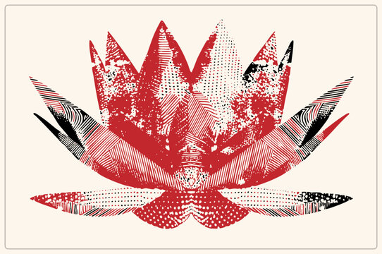 "A stylized water lily in bold crimson with distressed halftone dots and hatching. The sacred padma blooms symmetrically, petals textured like vintage screen print, ideal for bold decorative use."