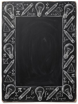 Chalkboard frame with hand drawn school supplies and math symbols