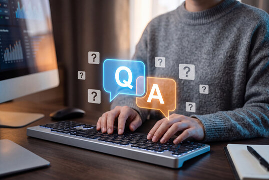 Questions and answers Q&A concept with a user typing on a computer keyboard, interacting with virtual chat speech bubbles, question mark icons, and online customer support interface.