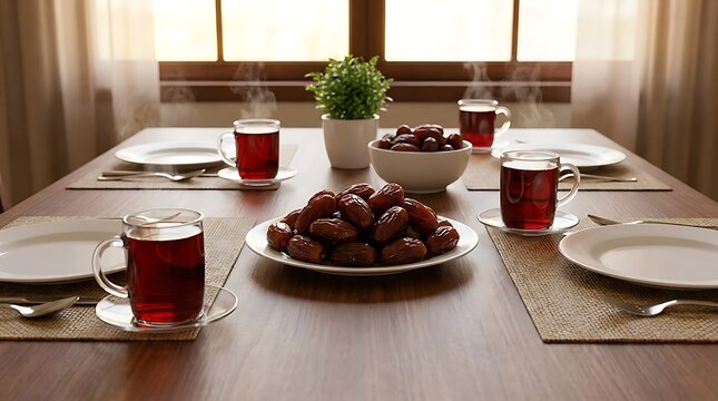 Traditional dining table set with hot black tea cups and delicious sweet dried dates for iftar during ramadan celebration