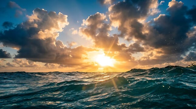 Breathtaking ocean sunrise with golden sunbeams bursting through dramatic clouds over deep blue rolling sea waves