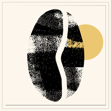 Coffee bean rendered in gritty stippled halftone dots, with a warm ochre circle behind it. This roasted java seed, aka the baristas bean, shows bold grunge texture in black and mustard tones.