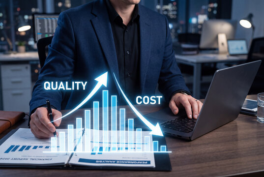 Quality improvement and cost reduction business strategy concept with an executive analyzing virtual bar chart, rising arrow, and falling cost graph on a laptop at night office desk.
