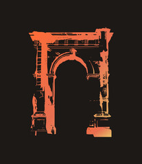 Weathered triumphal arch rendered as a grunge stencil cutout, ancient Roman ruin gateway glowing in hot to amber tones. Classic archway landmark with eroded texture and bold silhouette shape. © Rysak