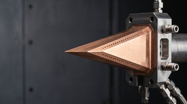 Close up industrial engineering photograph of water cooled copper zirconium diamond wedge scramjet fuel injector strut with supersonic hydrogen injection ports for hypersonic flight propulsion