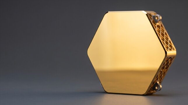 High end studio product shot of precision machined hexagonal pure beryllium primary mirror segment coated with thin vapor deposited gold film and rear isogrid ribs for space observatory