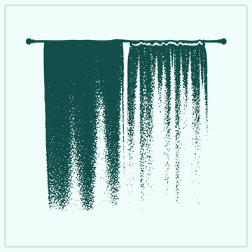 Dark teal grungy window drape on a metal rod, its fabric dissolving into spray paint speckle toward the hem, fading into scattered stipple particles for a raw urban look.