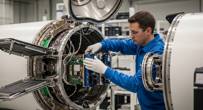 Aerospace Engineer Meticulously Assembling Advanced Rocket Avionics Components in a High-Tech Facility