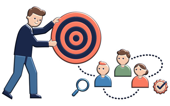 Business marketing target audience concept, professional businessman holding bullseye, customer segmentation and consumer research illustration