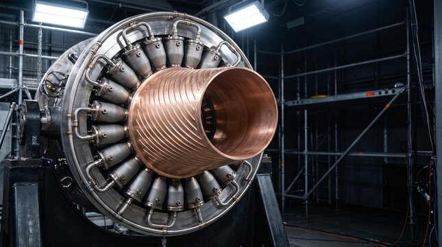 High tech commercial photograph of toroidal aerospike rocket engine base showcasing circular cluster of micro combustion chambers surrounding central truncated spike plug for SSTO launcher