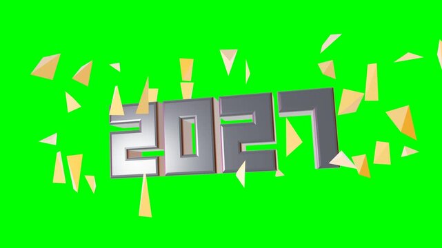 Seamless 8-second 60fps loop of massive architectural 3D numerals '2027'. Features dark graphite titanium, amber glass shards, and neon edge lighting on a pure green screen.