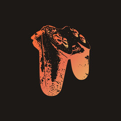 Distressed game controller in grunge stencil style, glowing hot orange to amber gradient. Called a pad or gamepad, this worn texture suits esports and retro gaming visuals. © Rysak