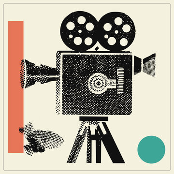 "Old movie cam, classic film camera with reels on, distressed halftone stencil style. Retro projector look, grainy dot texture, terracotta and teal accents for nostalgic cinema mood."